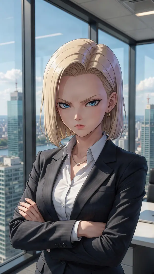 Android 18 from Dragon Ball wears a dark pinstripe business suit and a stern expression as she stands with crossed arms inside a high-rise office overlooking a city.
