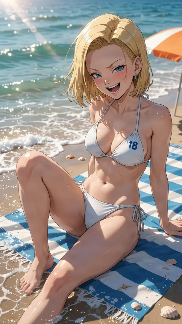 Android 18 from Dragon Ball smiles playfully while sitting on a blue and white striped towel by the ocean waves, wearing a white string bikini featuring the number 18.