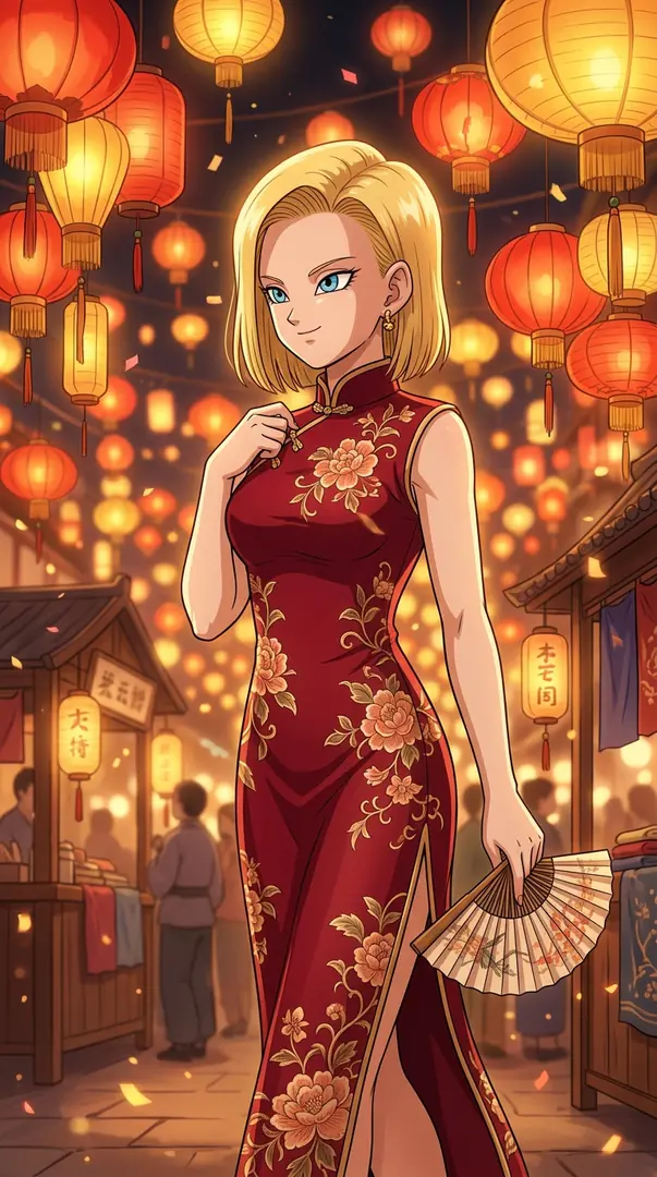 Android 18 from Dragon Ball stands in a vibrant night market filled with glowing paper lanterns, wearing an elegant red floral cheongsam and holding a traditional fan.