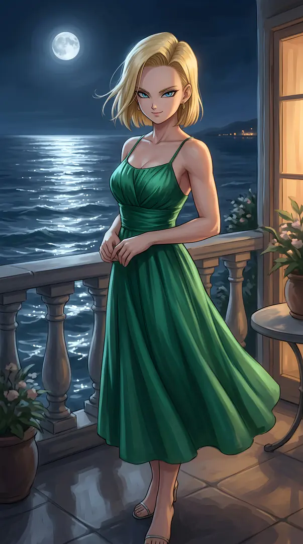 Android 18 from Dragon Ball stands elegantly in a flowing green dress on a stone balcony overlooking a moonlit ocean.
