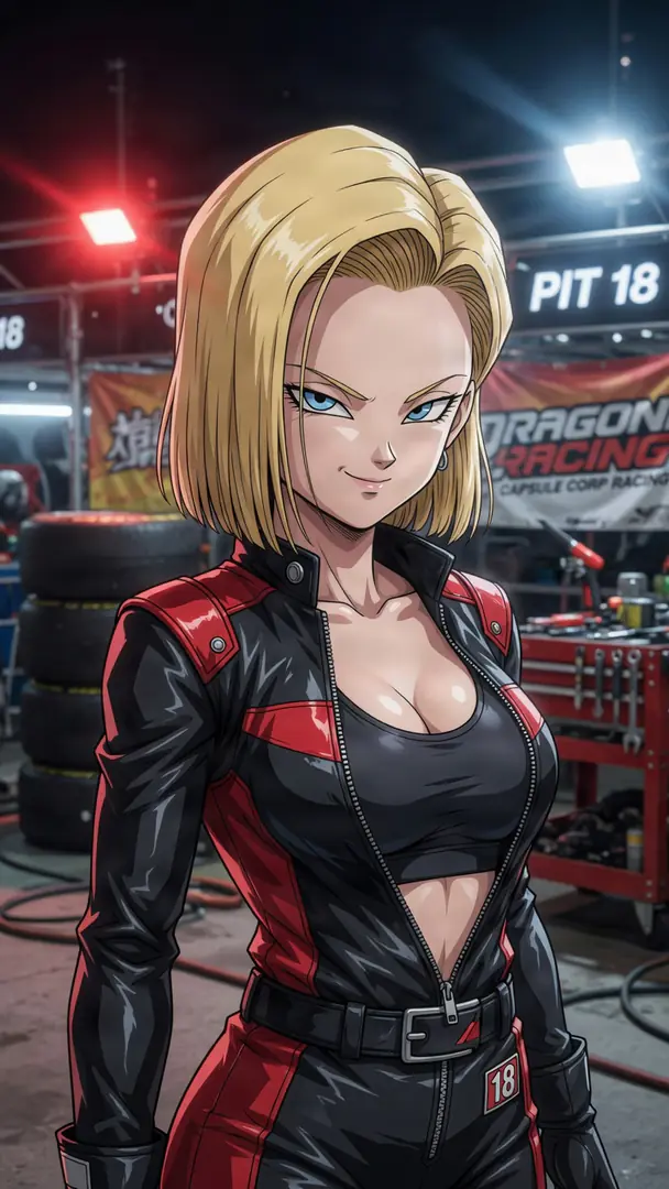 Android 18 from Dragon Ball poses with a confident smirk in a racing pit garage, wearing a sleek black and red leather racing suit.
