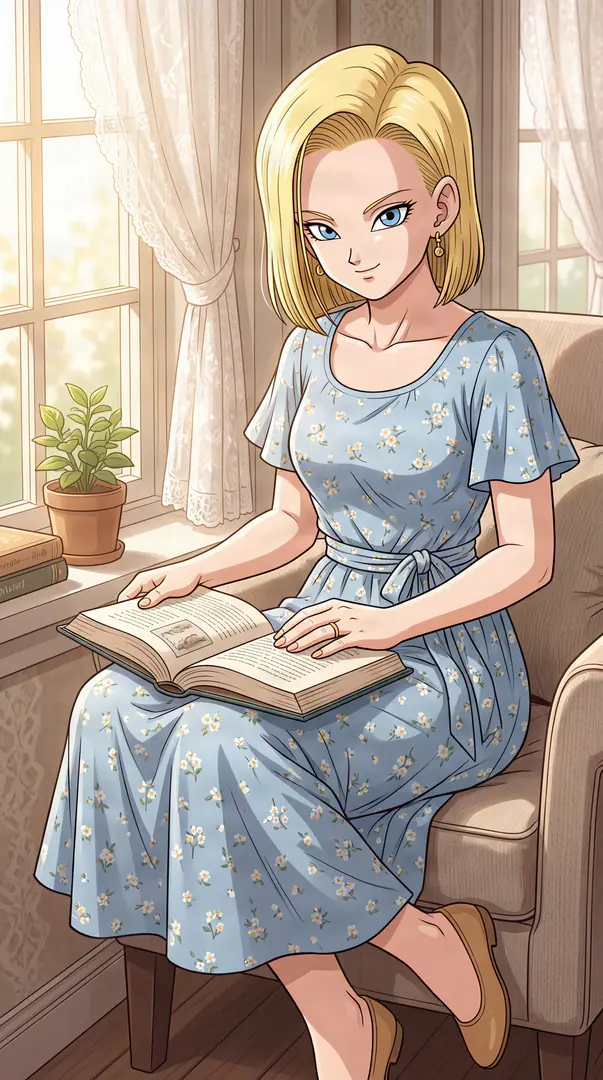 Android 18 from Dragon Ball sits in a cozy armchair by a sunlit window, wearing a light blue floral dress and reading an open book on her lap.
