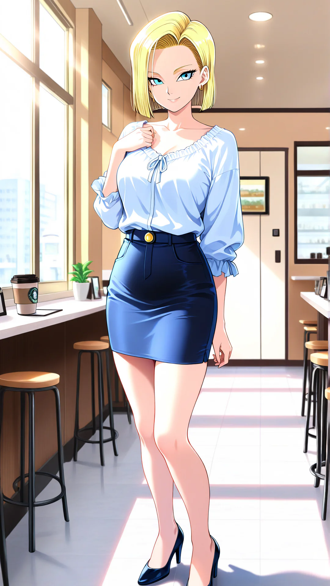 A blonde anime-style woman with blue eyes stands in a sunlit cafe wearing a ruffled light blue blouse, a dark blue mini skirt, and black high heels.