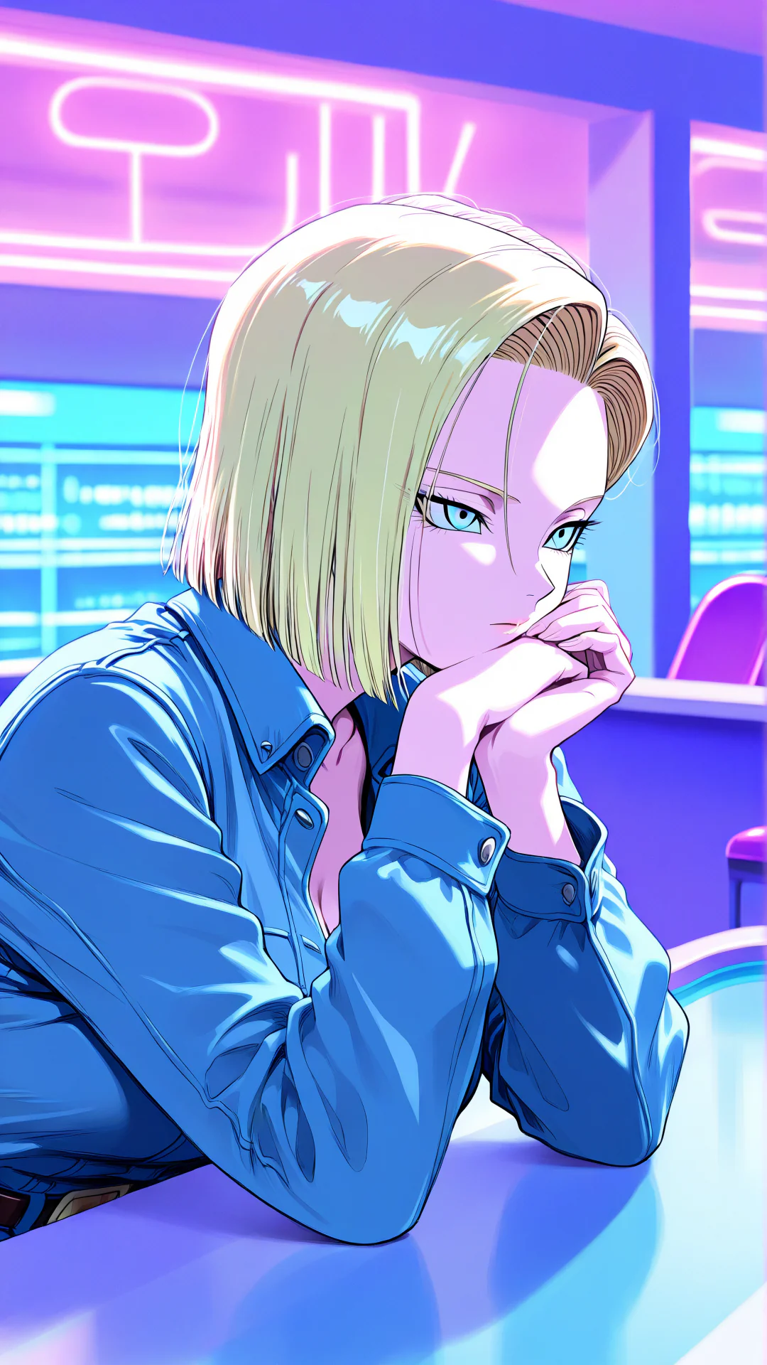 A blonde anime-style woman wearing a blue denim jacket rests her chin thoughtfully on her clasped hands in a room illuminated by vibrant pink and blue neon lights.