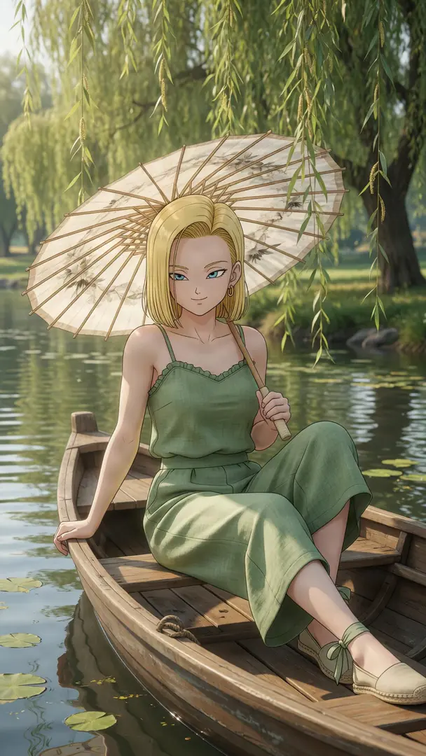 Android 18 from Dragon Ball sits in a wooden boat on a tranquil lake, wearing a green outfit and holding a traditional paper umbrella beneath weeping willow branches.