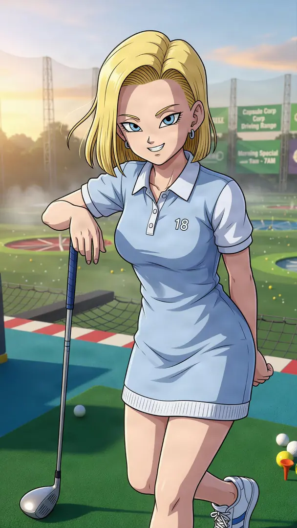 Android 18 from Dragon Ball smiles while resting her hand on a golf club at a driving range, dressed in a light blue polo dress bearing her namesake number.