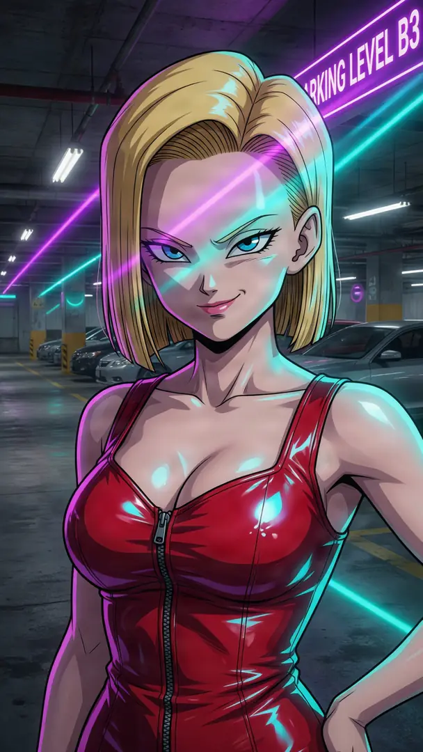 Android 18 from Dragon Ball smirks confidently while wearing a glossy red zip-up top in an underground parking garage illuminated by vibrant neon pink and cyan lights.