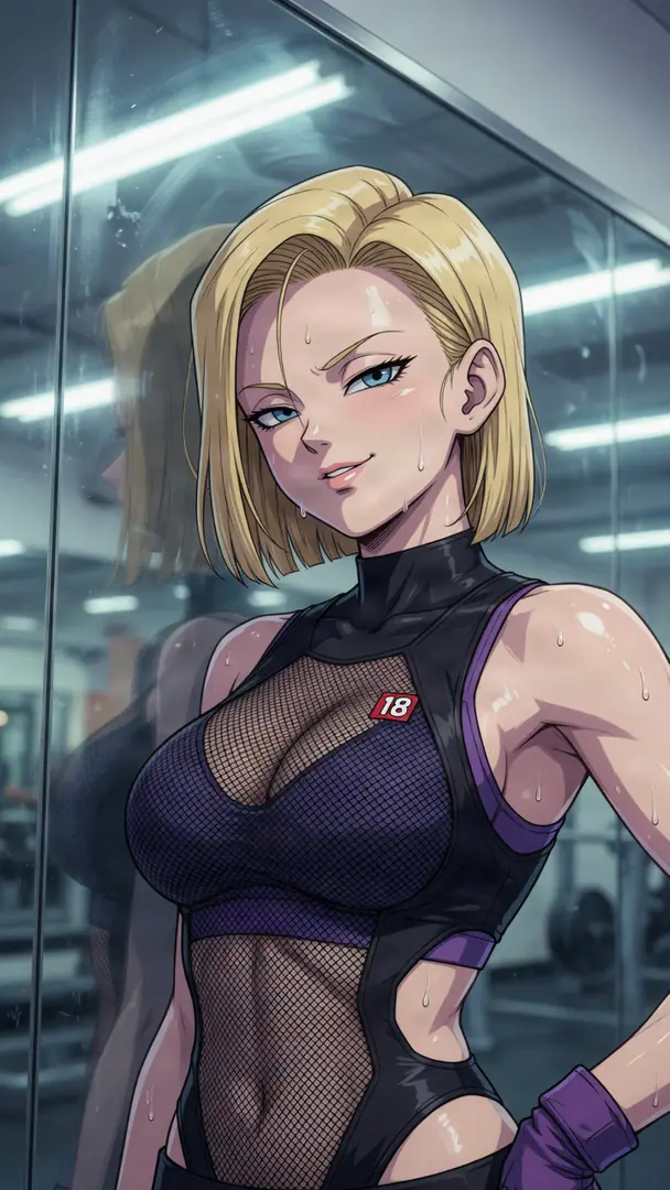 A sweaty Android 18 from Dragon Ball smirks confidently in a gym while wearing a black and purple mesh workout bodysuit featuring a red "18" badge.