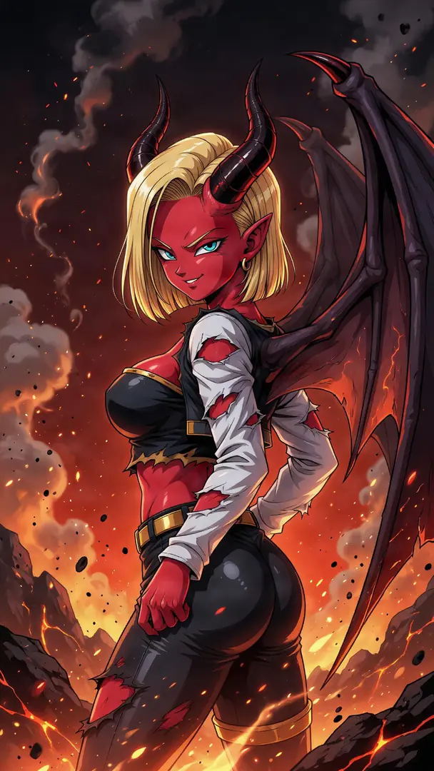 Dragon Ball's Android 18 is reimagined as a red-skinned demon with black horns and bat wings, smirking over her shoulder in torn clothing against a fiery, volcanic background.