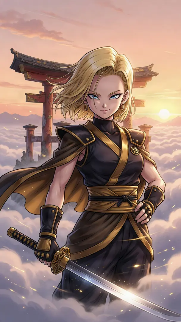 Android 18 from Dragon Ball poses confidently in black and gold samurai attire, wielding a glowing katana against a backdrop of clouds and a Torii gate at sunset.