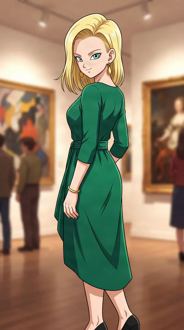 Android 18 from Dragon Ball wears an elegant green dress and glances back over her shoulder while standing inside an art gallery.
