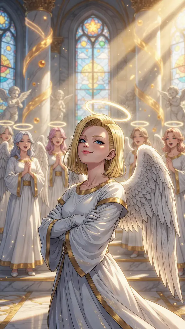 Android 18 from Dragon Ball stands confidently with crossed arms as an angel with large white wings and a glowing halo, surrounded by a choir of singing angels inside a sunlit cathedral.