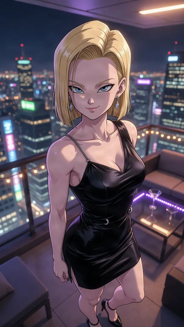 Android 18 from Dragon Ball stands confidently on a high-rise balcony at night wearing a sleek black dress against a backdrop of illuminated city skyline lights.