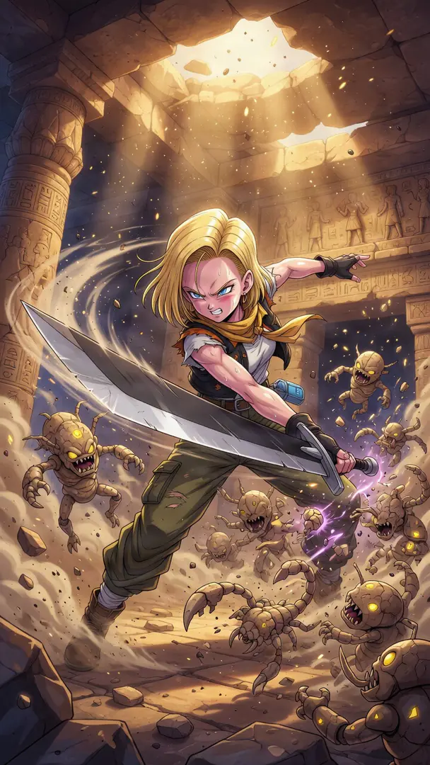 Android 18 from Dragon Ball fiercely wields a massive sword to battle a swarm of scorpion-like monsters inside a dusty, sunlit ancient tomb.