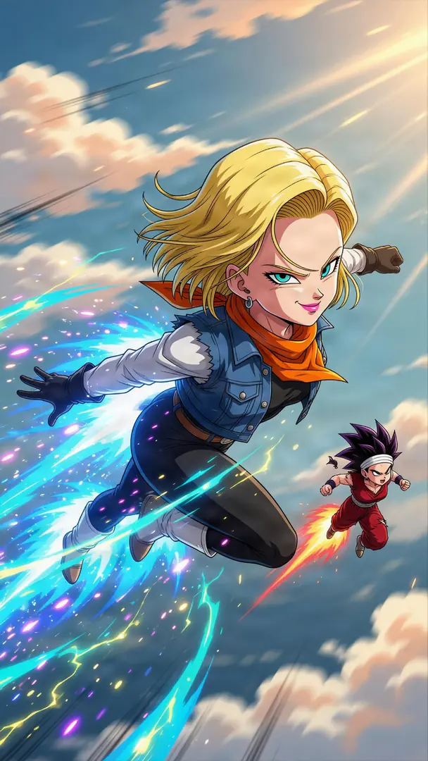 Android 18 from Dragon Ball flies rapidly through a cloudy sky, propelled by a vibrant blue energy aura, while a smaller spiky-haired character in a red outfit follows closely behind.