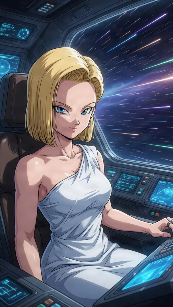 Android 18 from Dragon Ball sits at the glowing controls of a spaceship cockpit wearing an elegant white dress as colorful stars streak past the window.