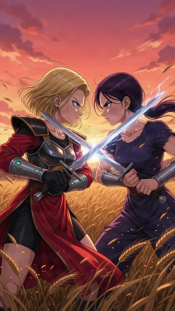 Android 18 in red and black armor clashes glowing swords with a dark-haired opponent in a golden wheat field at sunset.