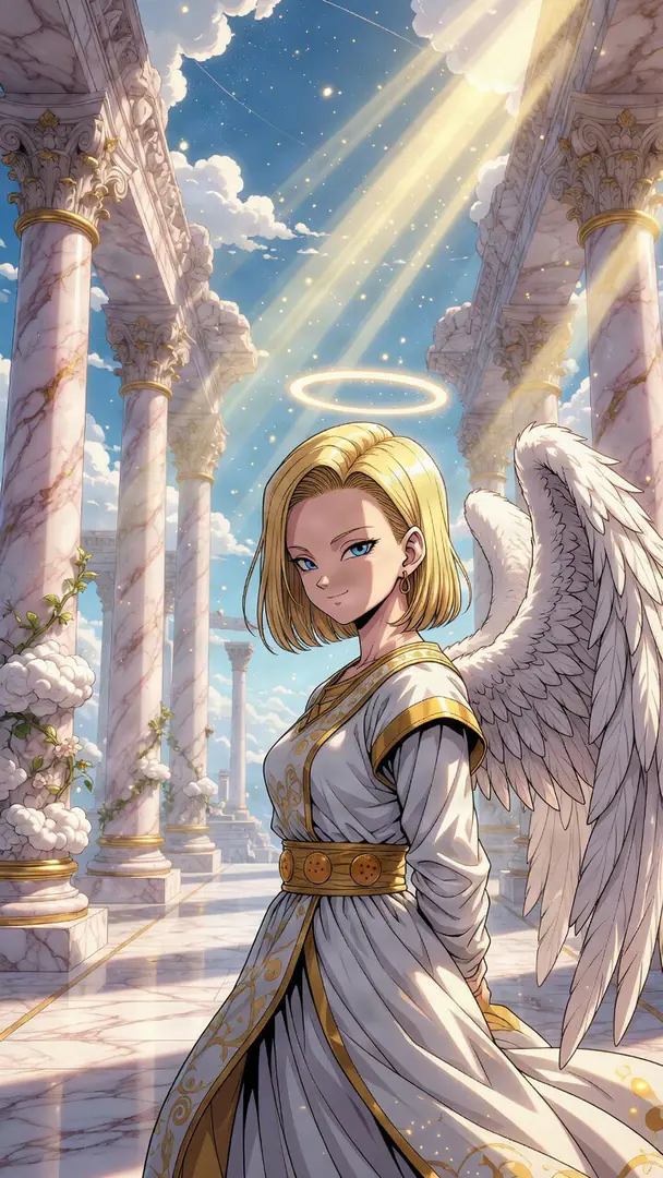 Android 18 from Dragon Ball is depicted as an angel with white wings and a glowing halo, wearing a white and gold gown amidst a heavenly setting of sunlit marble pillars.