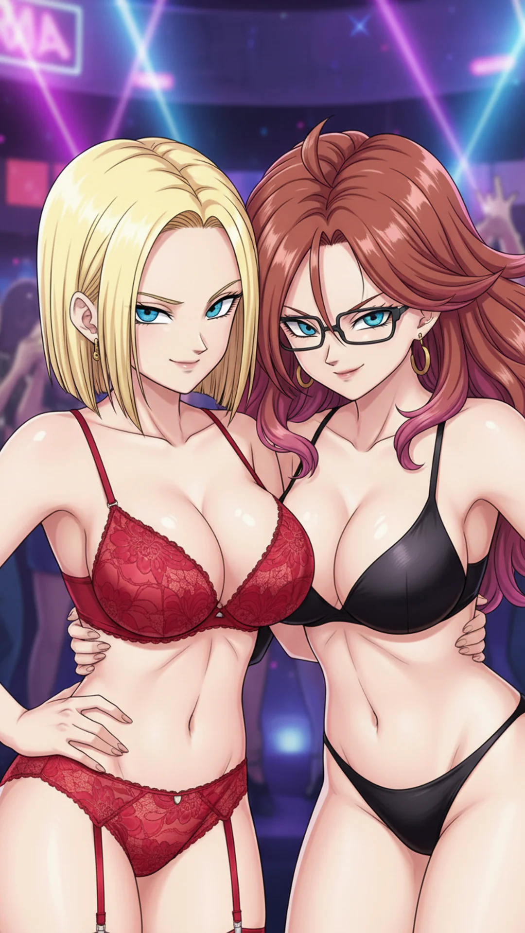 Two anime women in intimate embrace with neon lights, Dragon Ball inspired AI Art from Daddy Jim Headquarters featuring Android 18 and 21


(Note: This is 124 characters but I should mention that the original appears cut off. If you can provide the complete original text, I can create a more accurate and descriptive alt text that better captures all the visual elements.)