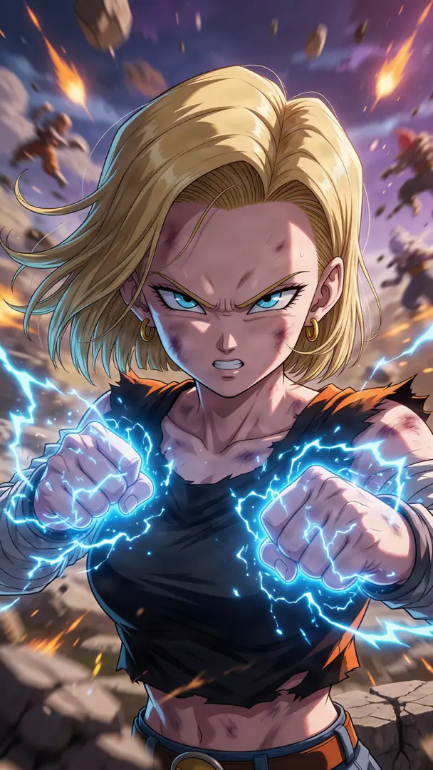 A battle-damaged Android 18 with a fierce expression clenches her fists as crackling blue electrical energy surges around her hands amidst a chaotic, debris-filled battlefield.
