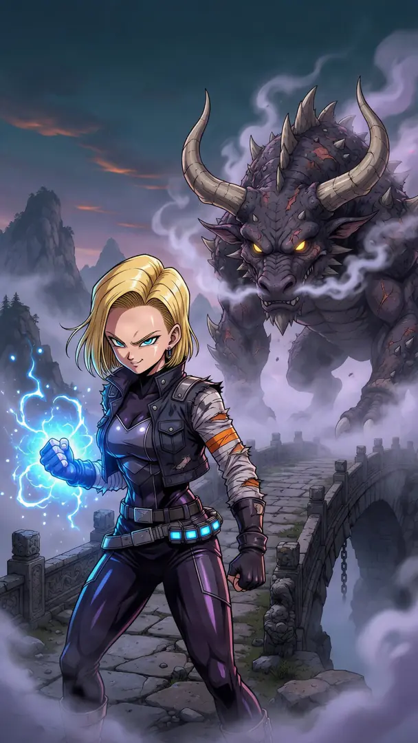Android 18 from Dragon Ball stands confidently on a foggy stone bridge, gathering crackling blue energy in her hand as a massive, smoke-breathing horned monster looms ominously behind her.