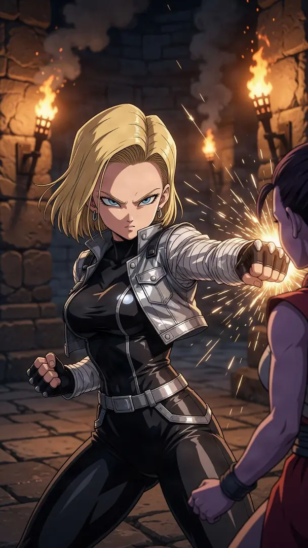 Android 18 from Dragon Ball, wearing a black bodysuit and cropped white jacket, delivers a powerful, glowing punch to an opponent in a dark, torch-lit stone dungeon.
