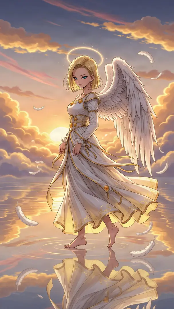 Android 18 from Dragon Ball appears as a barefoot angel with white feathered wings and a glowing halo, wearing a flowing white and gold dress as she stands on a reflective water surface beneath a golden sunset sky.