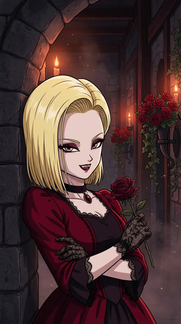 Reimagined as a smiling vampire with visible fangs, Android 18 from Dragon Ball wears a gothic red and black dress with lace gloves while leaning against a stone archway in a candlelit corridor holding a single red rose.