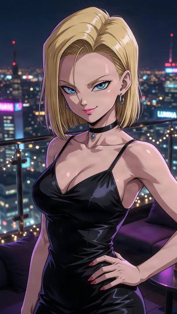 Android 18 from Dragon Ball smirks confidently while posing in a sleek black slip dress and choker on a balcony overlooking a glowing nighttime cityscape.