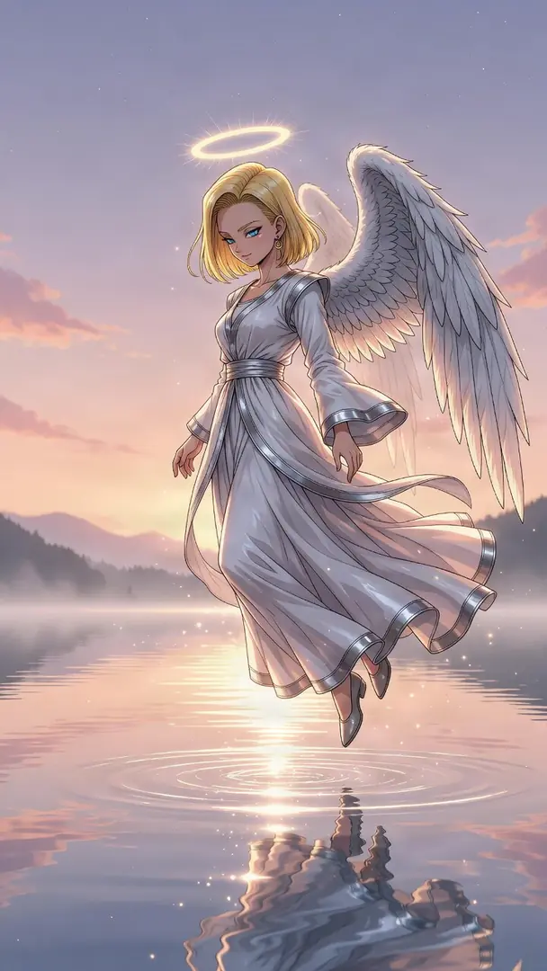 Depicted as an angel, Android 18 from Dragon Ball floats gracefully above a reflective lake at sunset wearing a flowing white gown, large feathered wings, and a glowing halo.