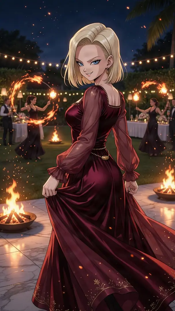 Android 18 from Dragon Ball looks playfully over her shoulder in a flowing dark red gown at a nighttime outdoor party illuminated by string lights and fire performers.