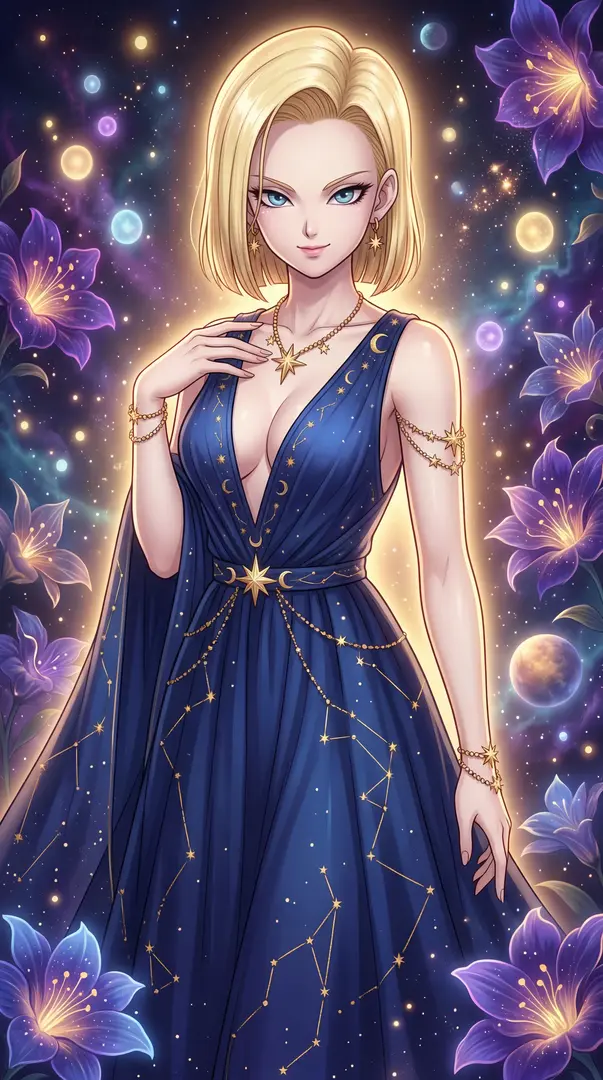 A blonde anime-style woman wearing a deep blue gown decorated with gold constellations stands elegantly against a cosmic background filled with glowing stars and large purple flowers.