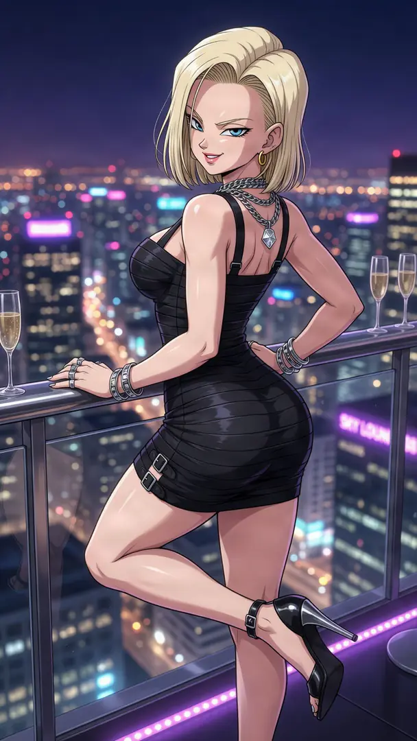 Android 18 from Dragon Ball looks over her shoulder with a playful smile while posing in a form-fitting black dress on a balcony overlooking a vibrant, neon-lit city skyline at night.