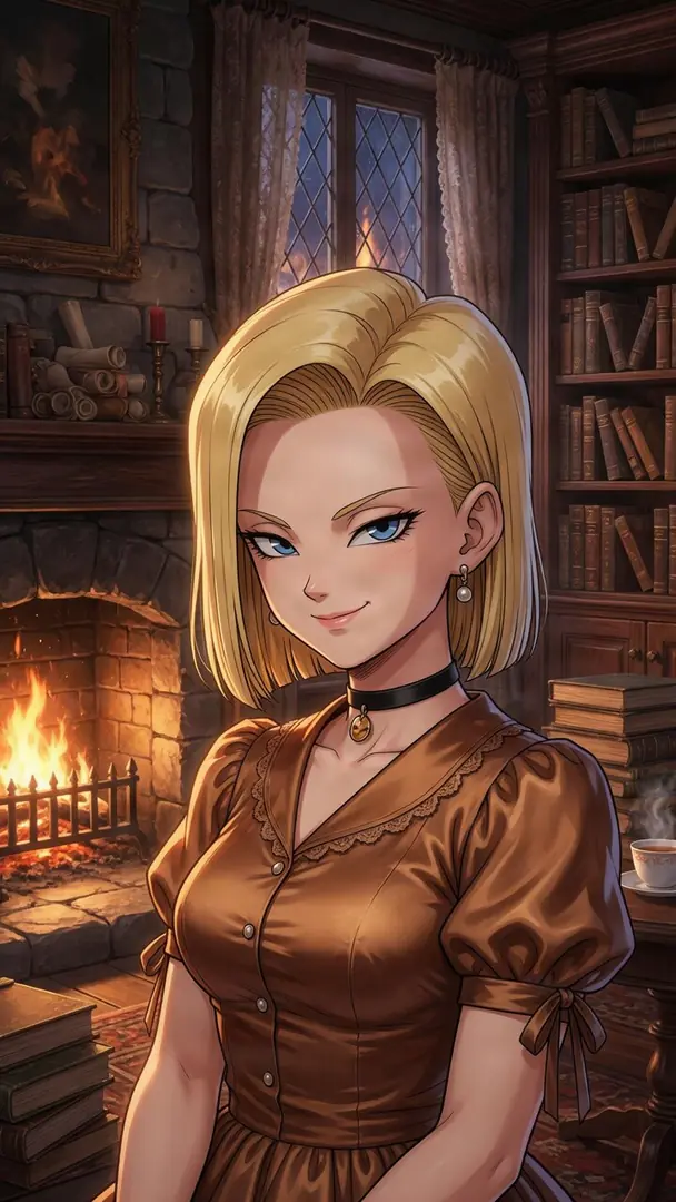 Android 18 from Dragon Ball gently smirks while standing in a cozy, firelit library wearing a brown dress and a black choker.