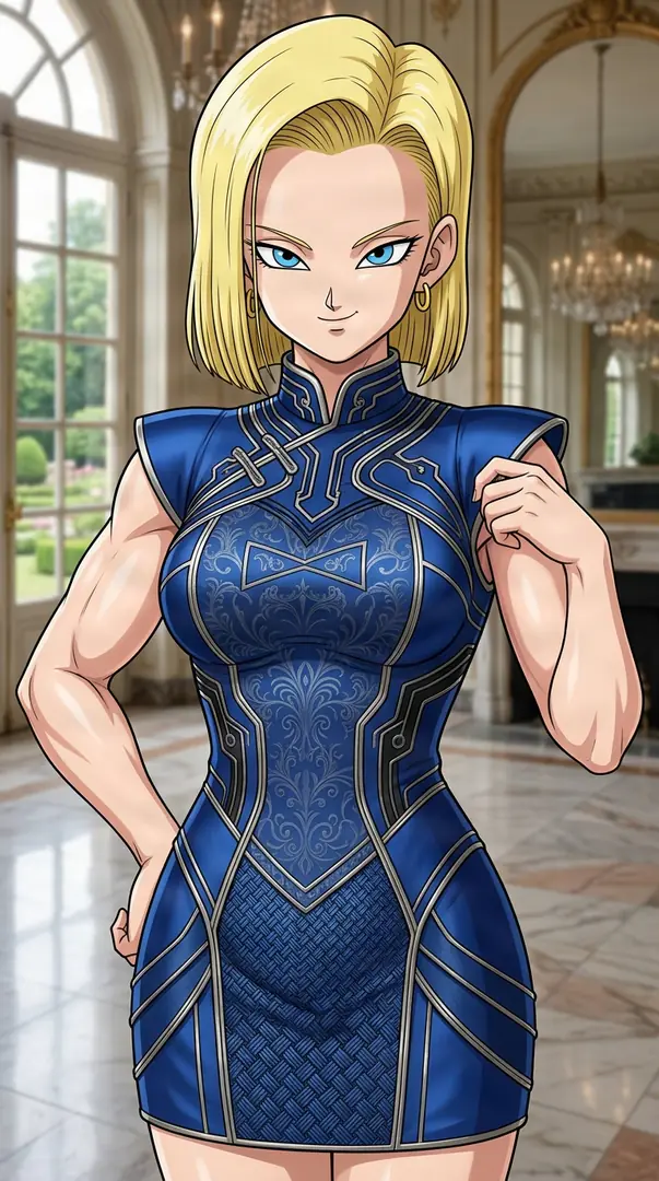Android 18 from Dragon Ball stands confidently in an ornate room wearing a form-fitting, intricately patterned blue dress with silver accents.