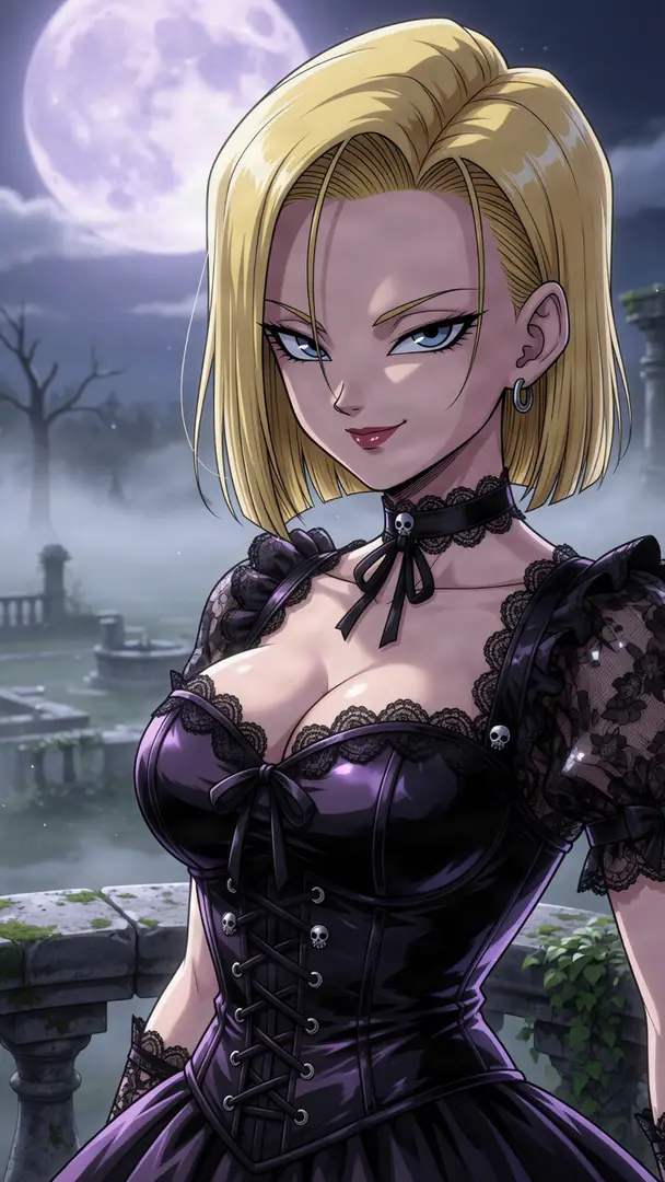 Android 18 from Dragon Ball smirks confidently while wearing a gothic black corset dress with lace and skull accents against a foggy, moonlit graveyard backdrop.