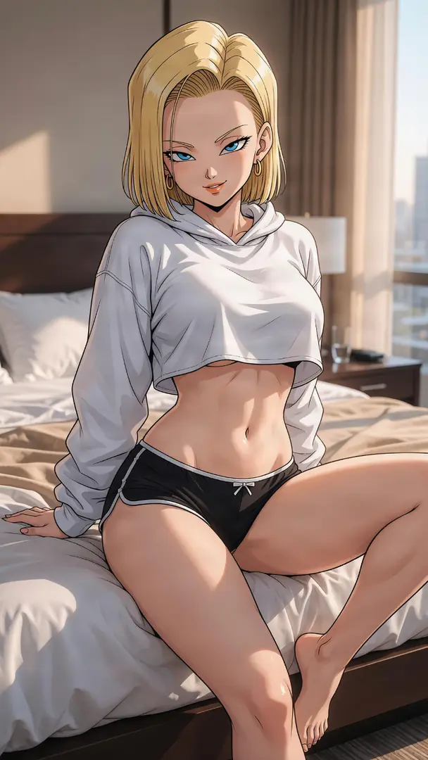 Android 18 from Dragon Ball sits on the edge of a bed wearing a white cropped sweatshirt and black shorts in a sunlit room.