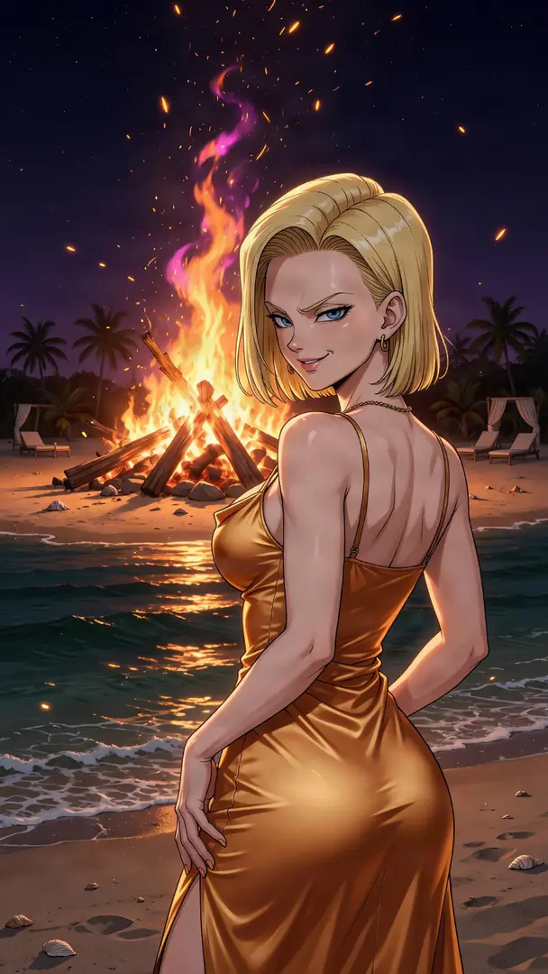 Android 18 from Dragon Ball stands on a nighttime beach in a form-fitting gold dress, looking over her shoulder with a smirk as a large bonfire burns in the background.