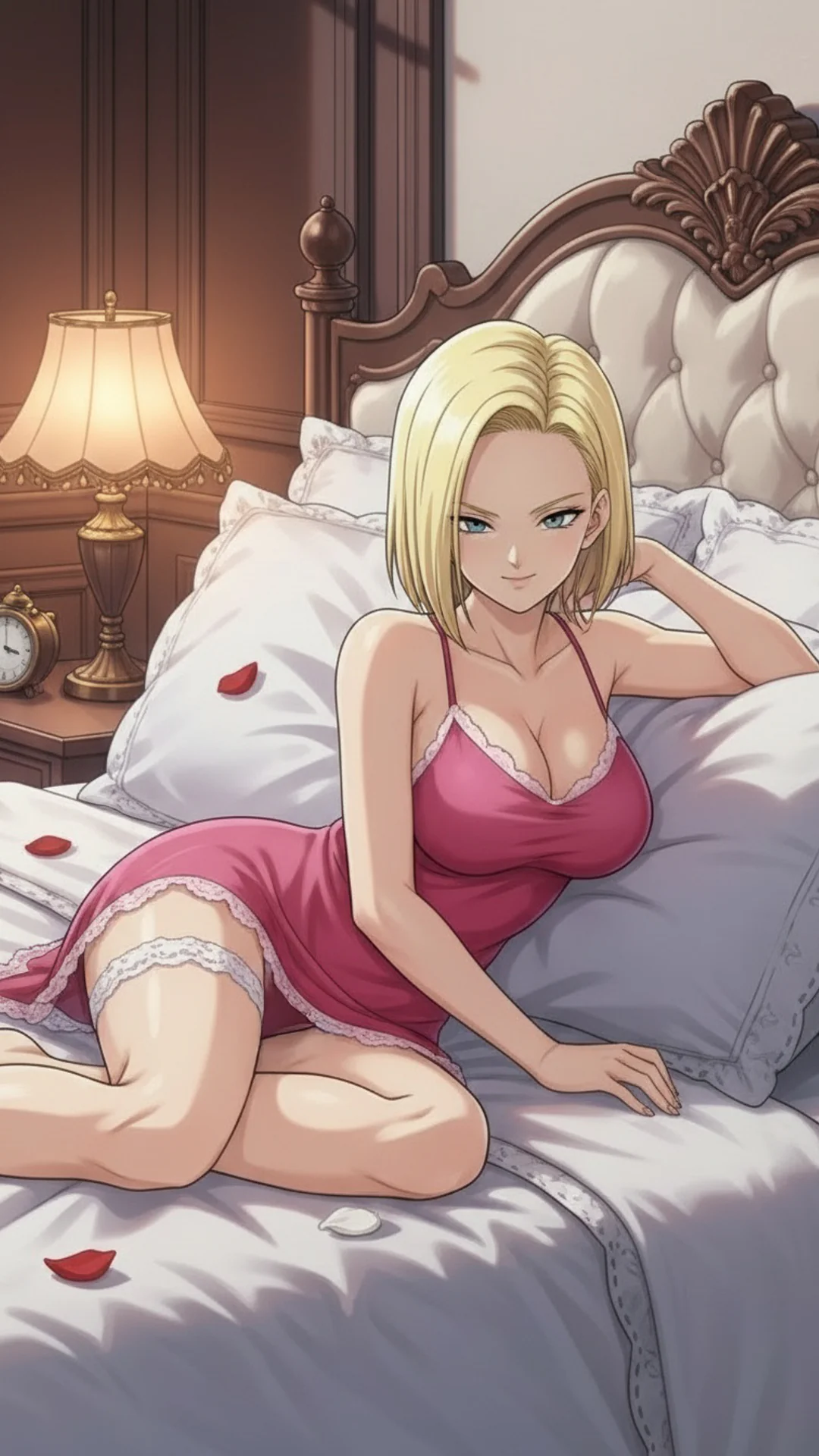 Android 18 from Dragon Ball reclining on an elegant bed, anime waifu style AI Art by Daddy Jim Headquarters