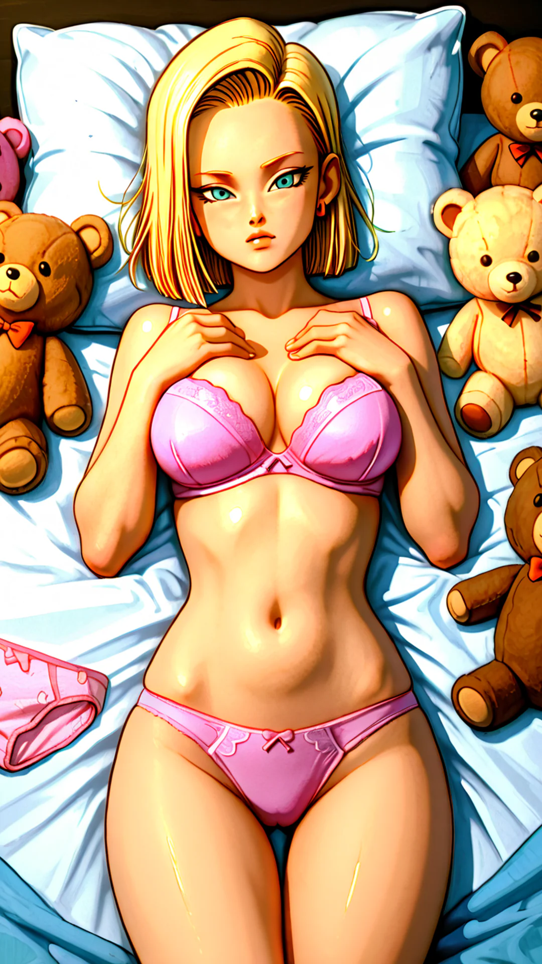 This AI Art image from Daddy Jim Headquarters depicts a character resembling Android 18 from DBZ lying on a bed surrounded by teddy bears. She is wearing pink lingerie and has blonde hair, resting her hands on her chest. The setting conveys a serene 
