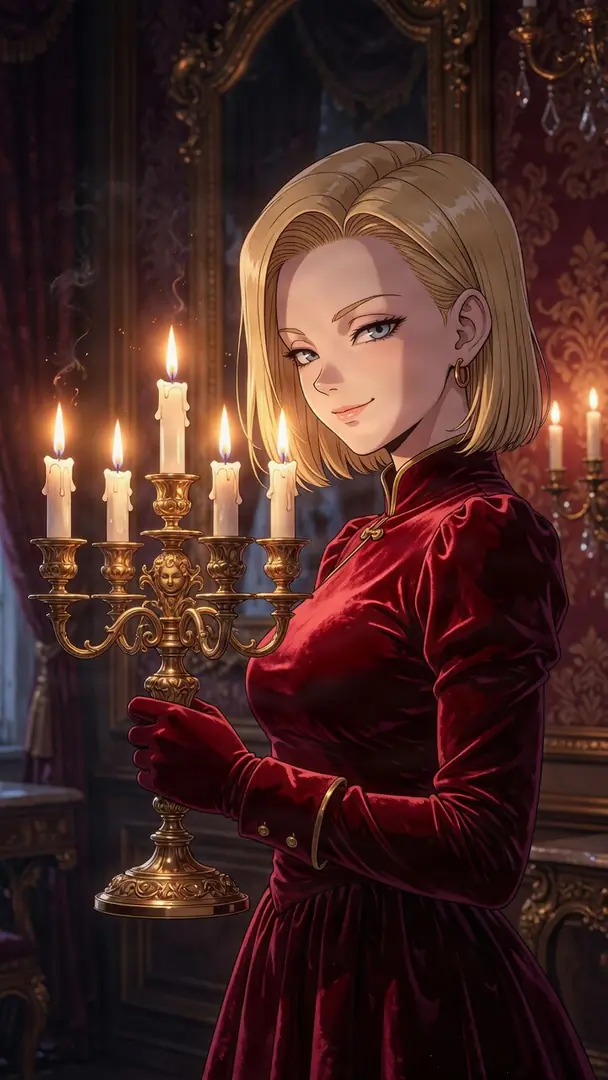 Android 18 from Dragon Ball smirks confidently while wearing an elegant dark red velvet dress and matching gloves, holding a lit golden candelabra in a softly lit, opulent room.
