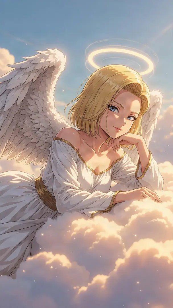 Android 18 from Dragon Ball is depicted as an angel with white wings and a glowing halo, resting her chin gracefully on her hand while lounging on sunlit clouds in a flowing white and gold dress.