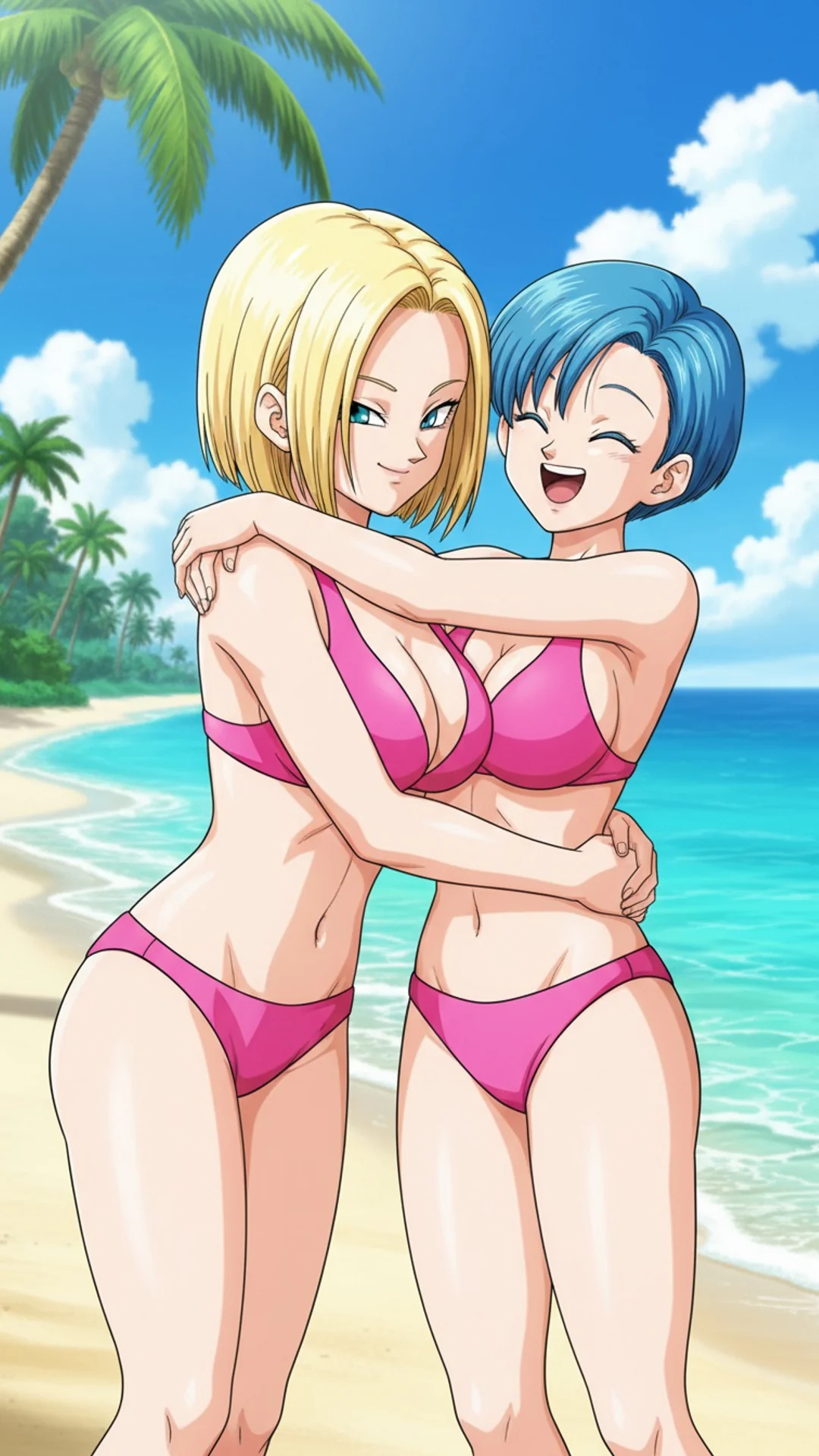 Android 18 and Bulma's Beach Day in Pink
