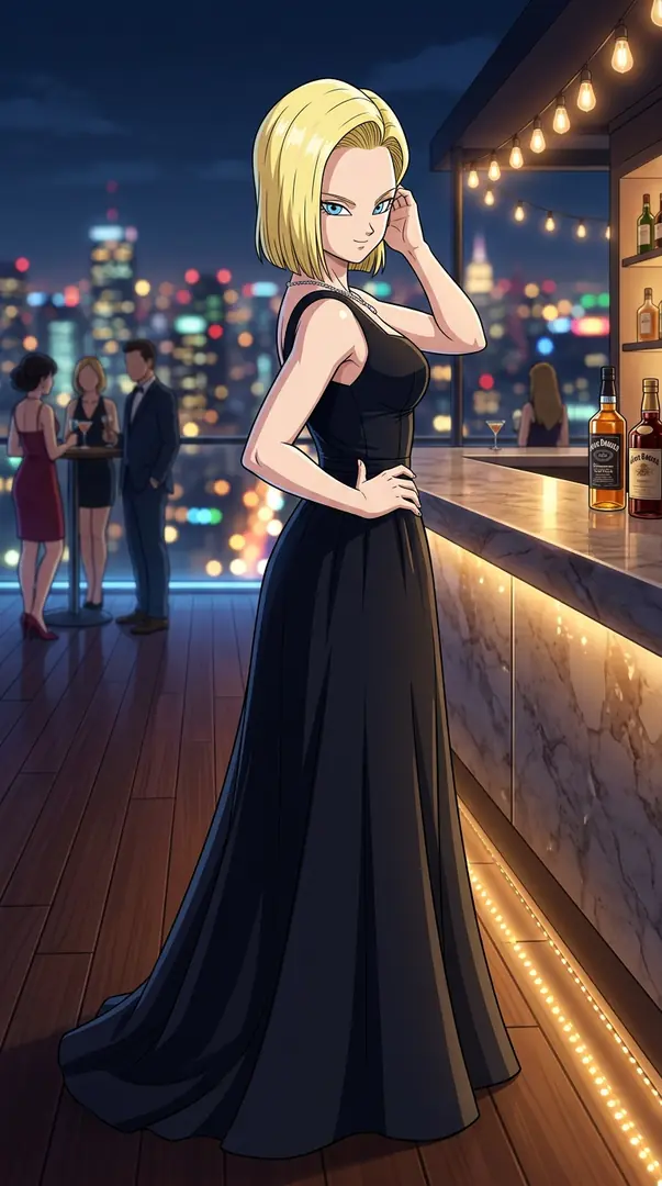 Android 18 from Dragon Ball poses elegantly in a flowing black evening gown at a rooftop bar overlooking a brightly lit city skyline at night.