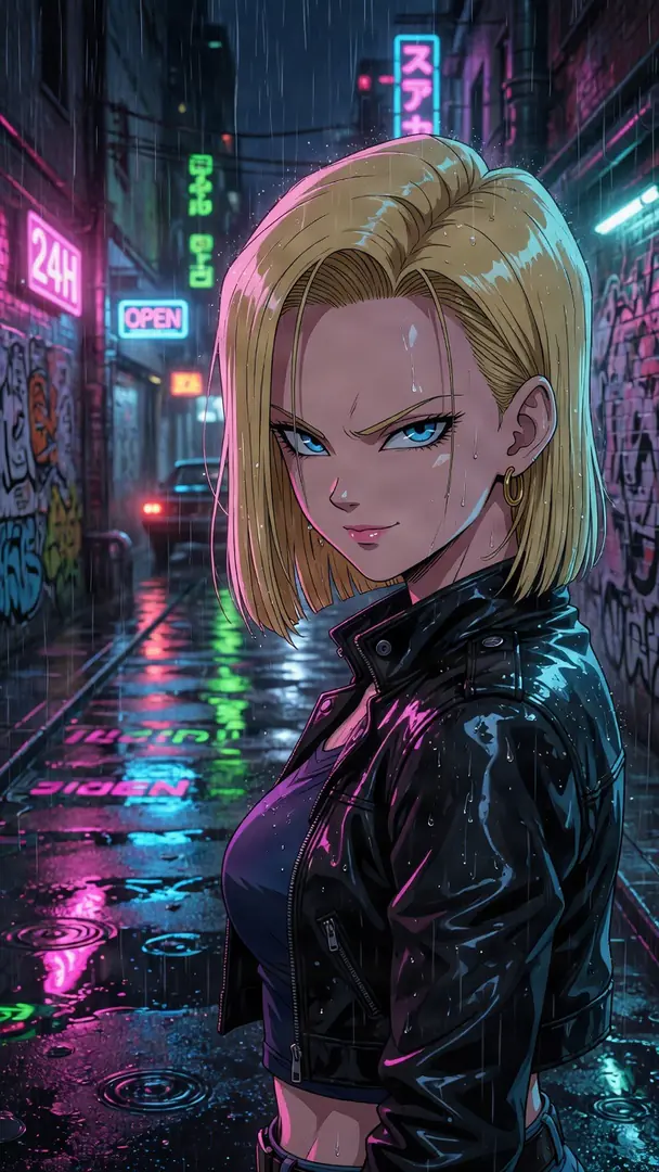 Android 18 from Dragon Ball wears a black leather jacket and glances over her shoulder with a confident smirk in a rainy alleyway illuminated by colorful neon signs.