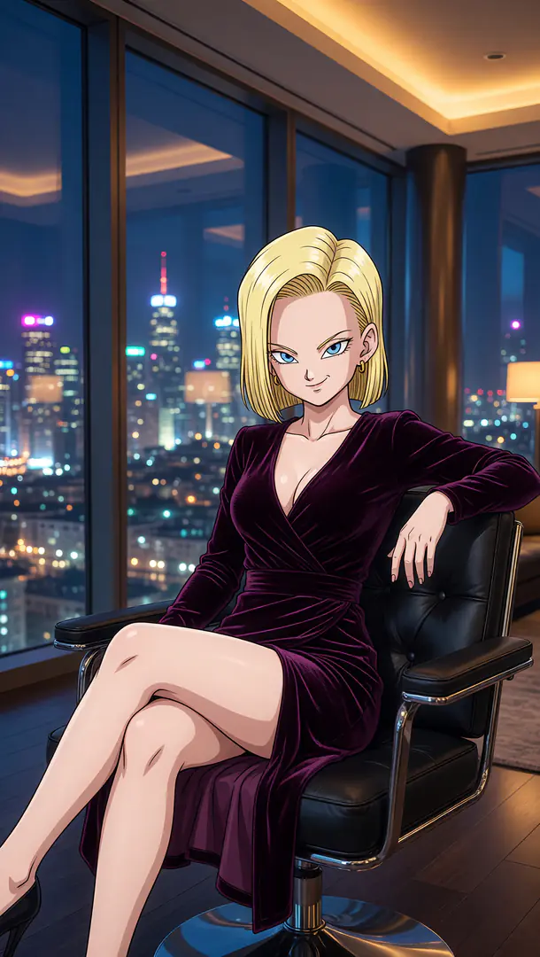Android 18 from Dragon Ball sits with crossed legs in a black leather chair wearing a dark purple velvet dress, set against the backdrop of an illuminated nighttime city skyline.