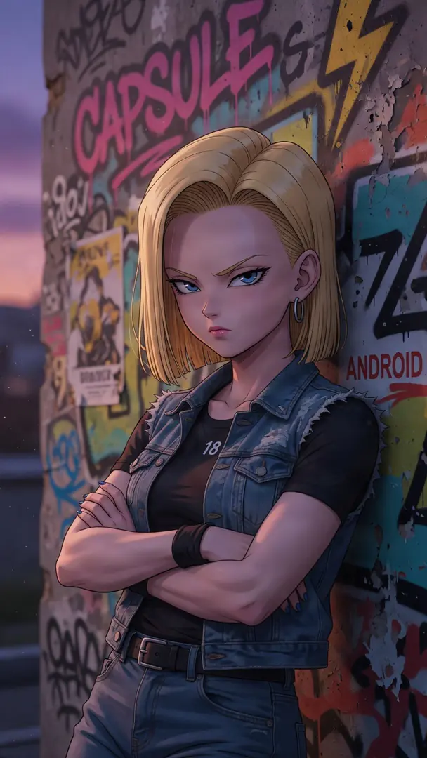 Android 18 from Dragon Ball stands with crossed arms and a stern expression, wearing a denim vest over a black shirt while leaning against a colorful graffiti-covered wall.