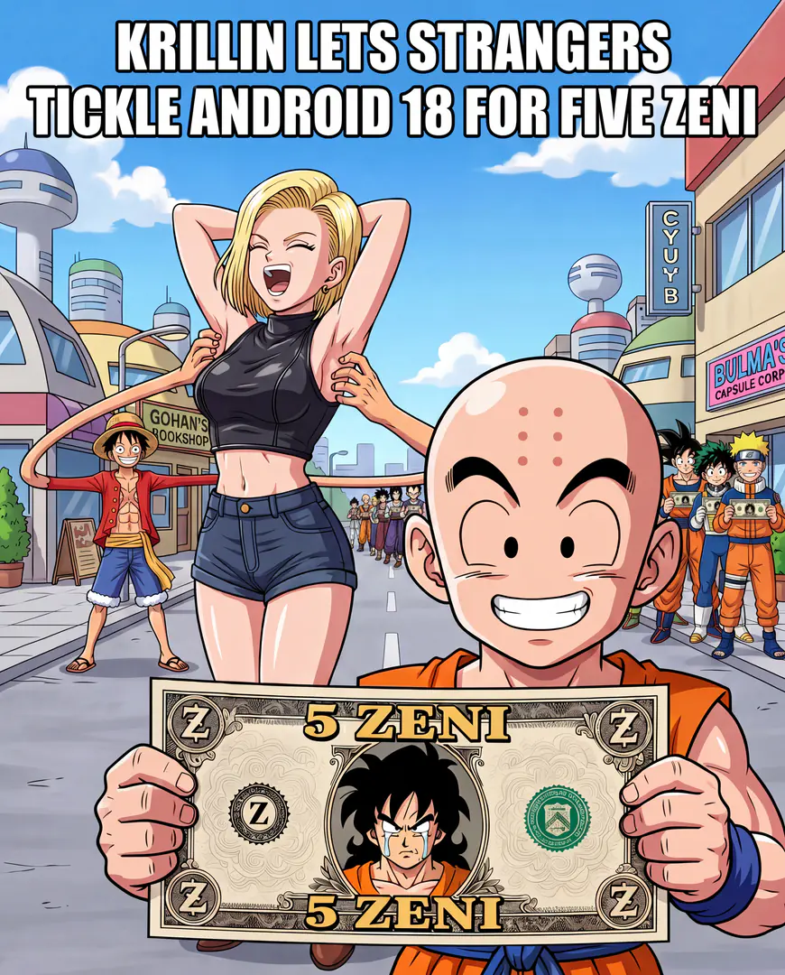 In a crossover meme captioned "Krillin lets strangers tickle Android 18 for five Zeni", a smiling Krillin holds up a large bill in the foreground while Luffy stretches his arms to tickle a laughing Android 18 from Dragon Ball as other famous anime characters wait in line with cash.