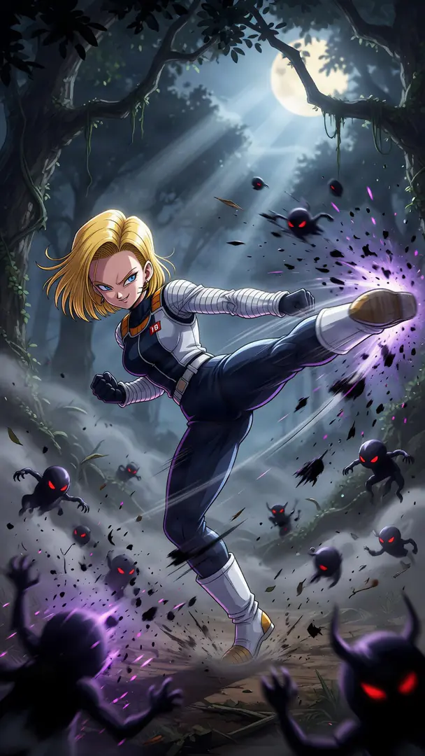 Android 18 from Dragon Ball delivers a powerful high kick surrounded by purple energy to fight off small, shadowy creatures with glowing red eyes in a misty, moonlit forest.