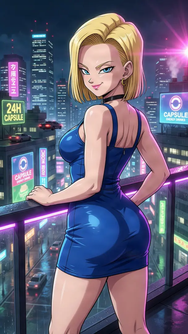 Android 18 from Dragon Ball, wearing a tight blue dress, smirks over her shoulder while standing on a balcony overlooking a rainy, neon-lit cyberpunk city.